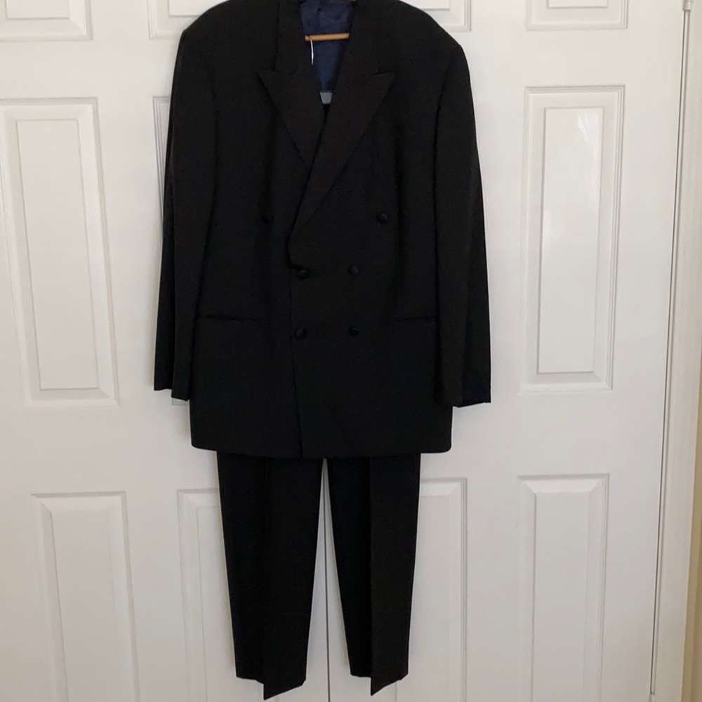 Wool mix black Tuxedo jacket (size 46) and matching trousers (size W36/W35).